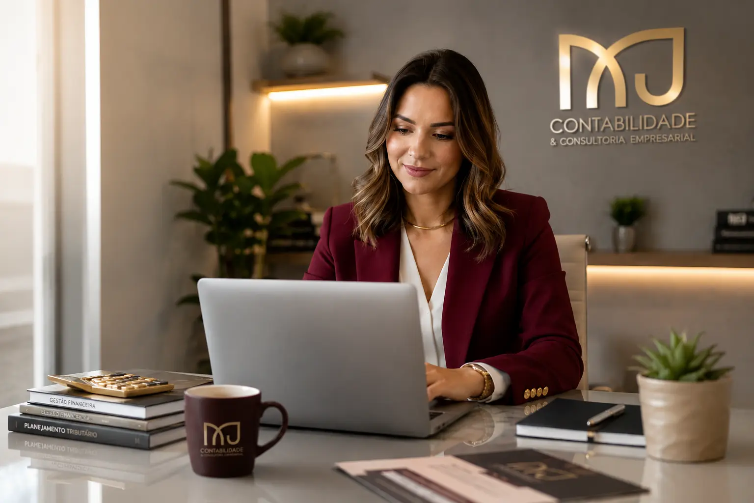 Contadora trabalhando no notebook em escritório com a marca da MJ Contabilidade